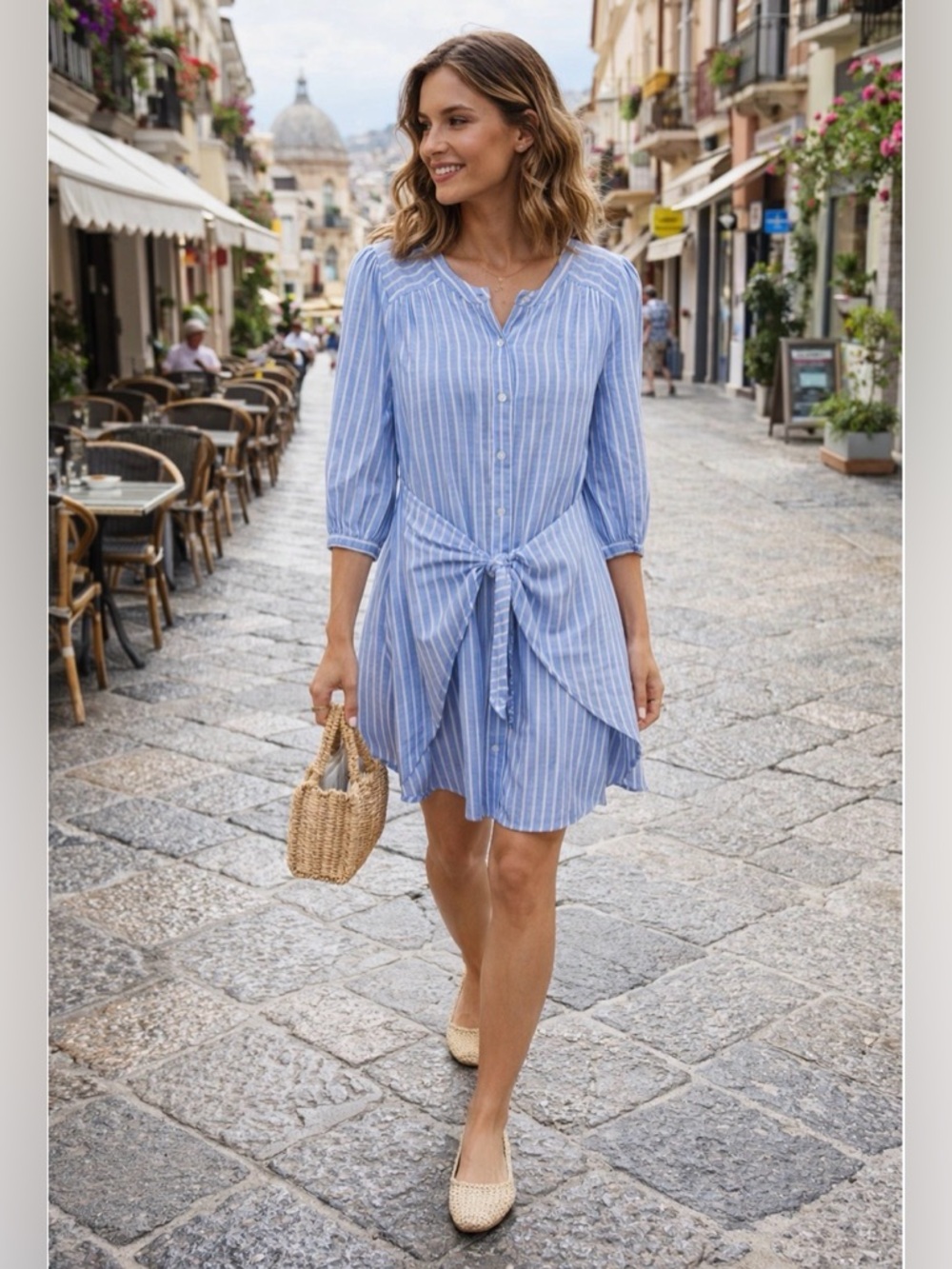 Evereve Blue White Striped Shirt Dress S Tie Waist